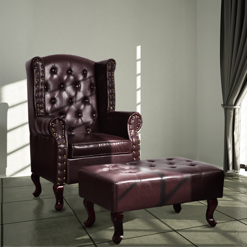 vidaXL Fauteuil met voetenbankje kunstleer donkerbruin - Aashly