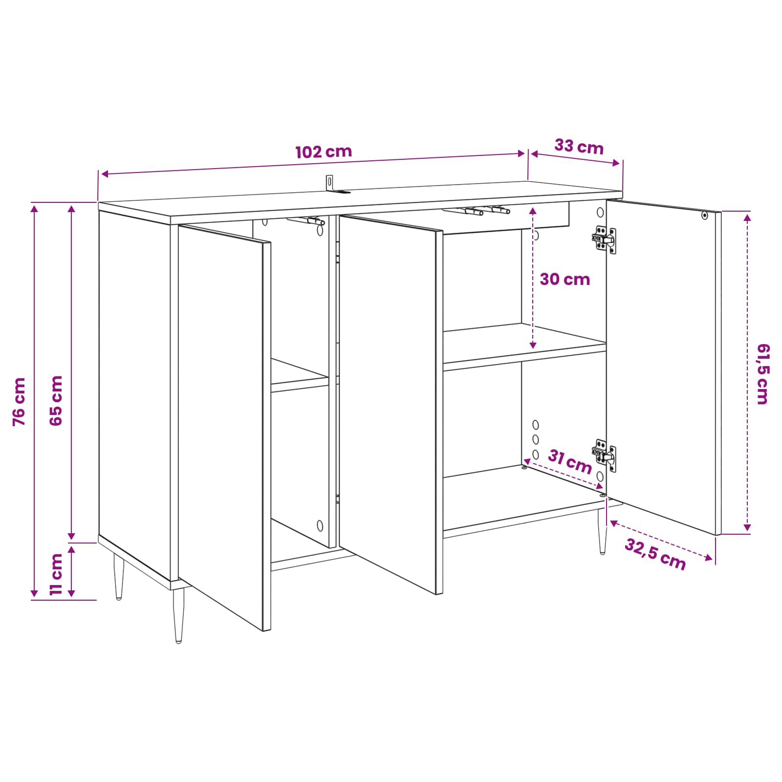 vidaXL Dressoir RHENEN Zwart eiken 102 x 33 x 76 cm Bewerkt hout
