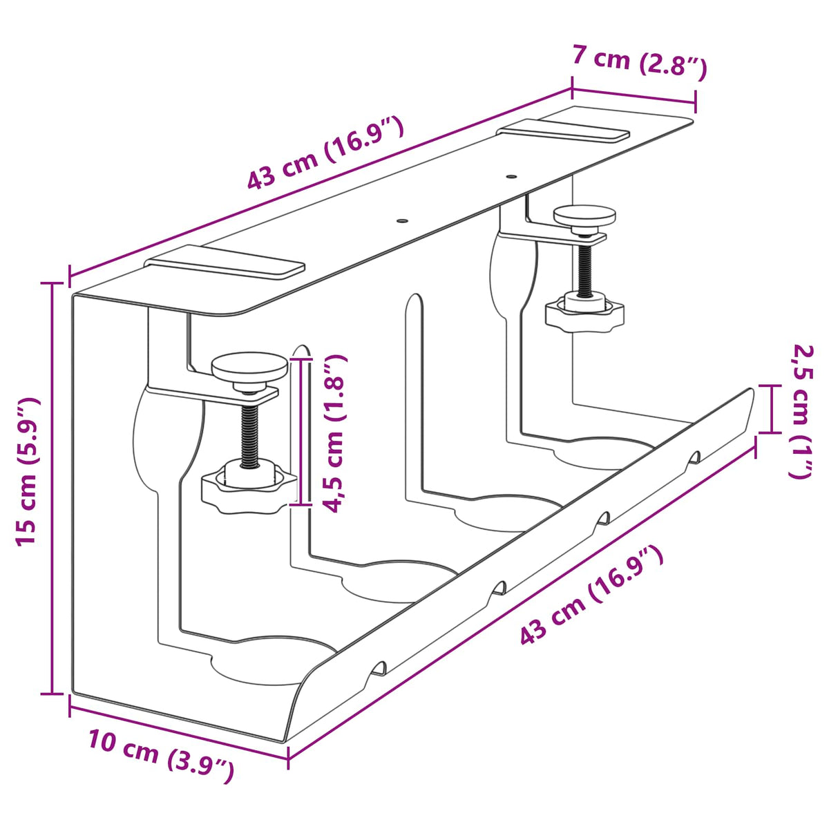 vidaXL Kabelgoot voor onder bureau 2 st Wit 43 x 10 x 15 cm