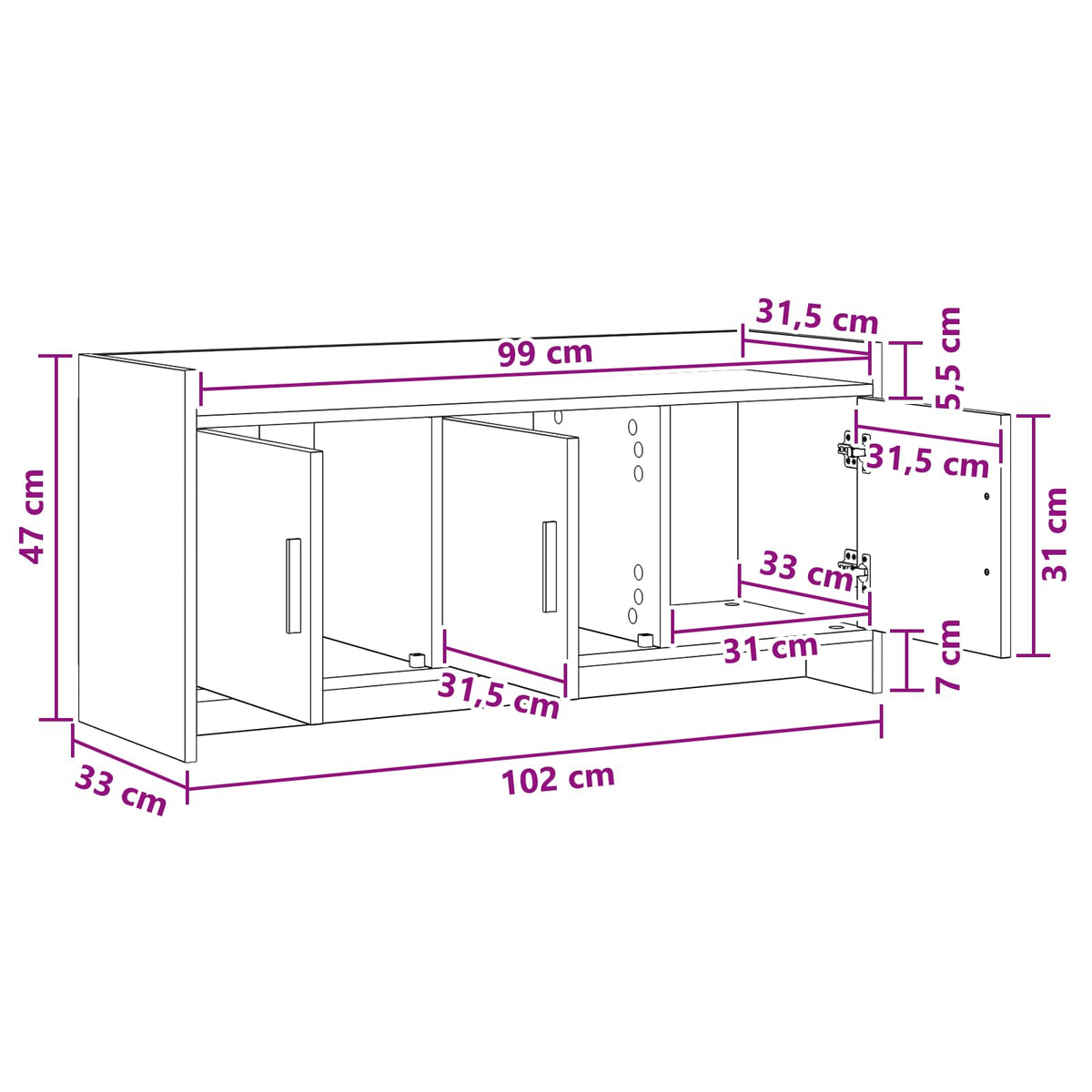 vidaXL TV-kast 102 x 33 x 47 cm Wit Bewerkt hout