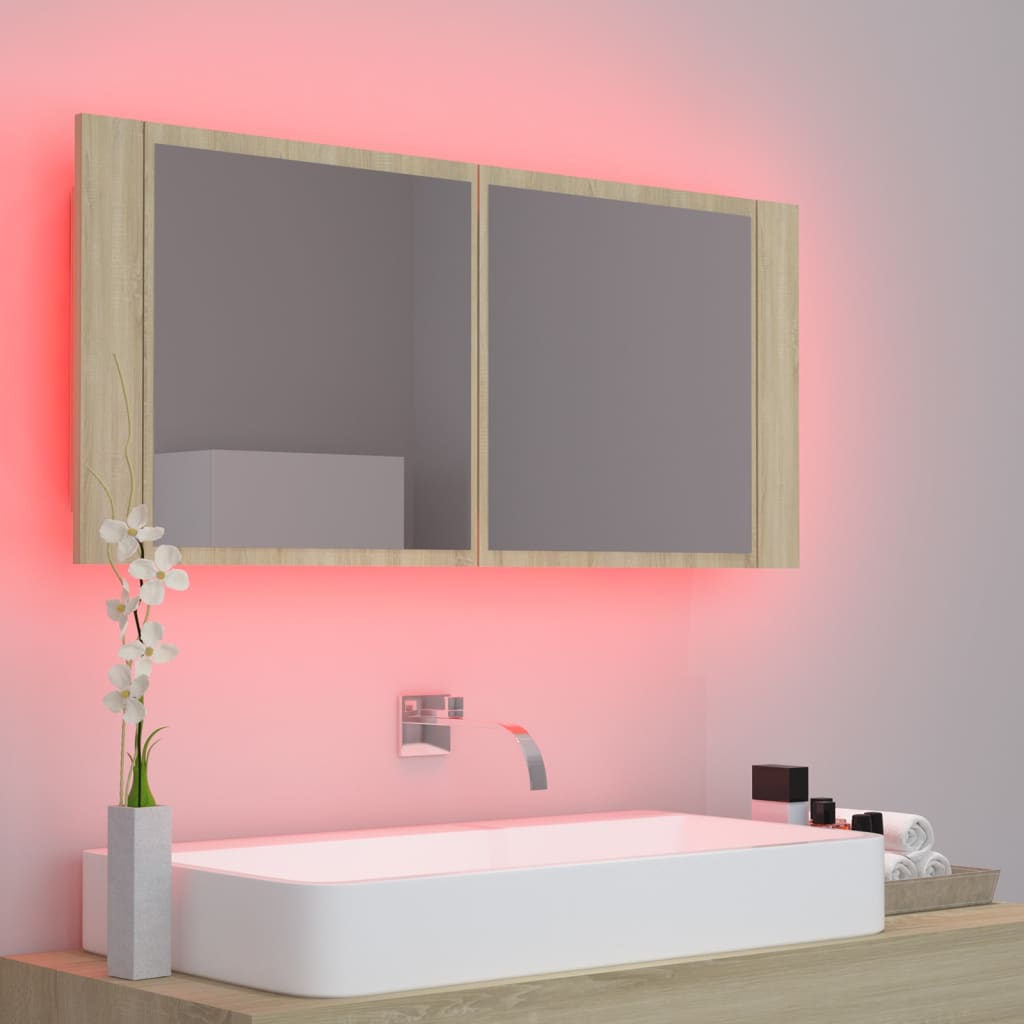 vidaXL Badkamerkast met spiegel LED acryl sonoma eikenkleurig - Aashly
