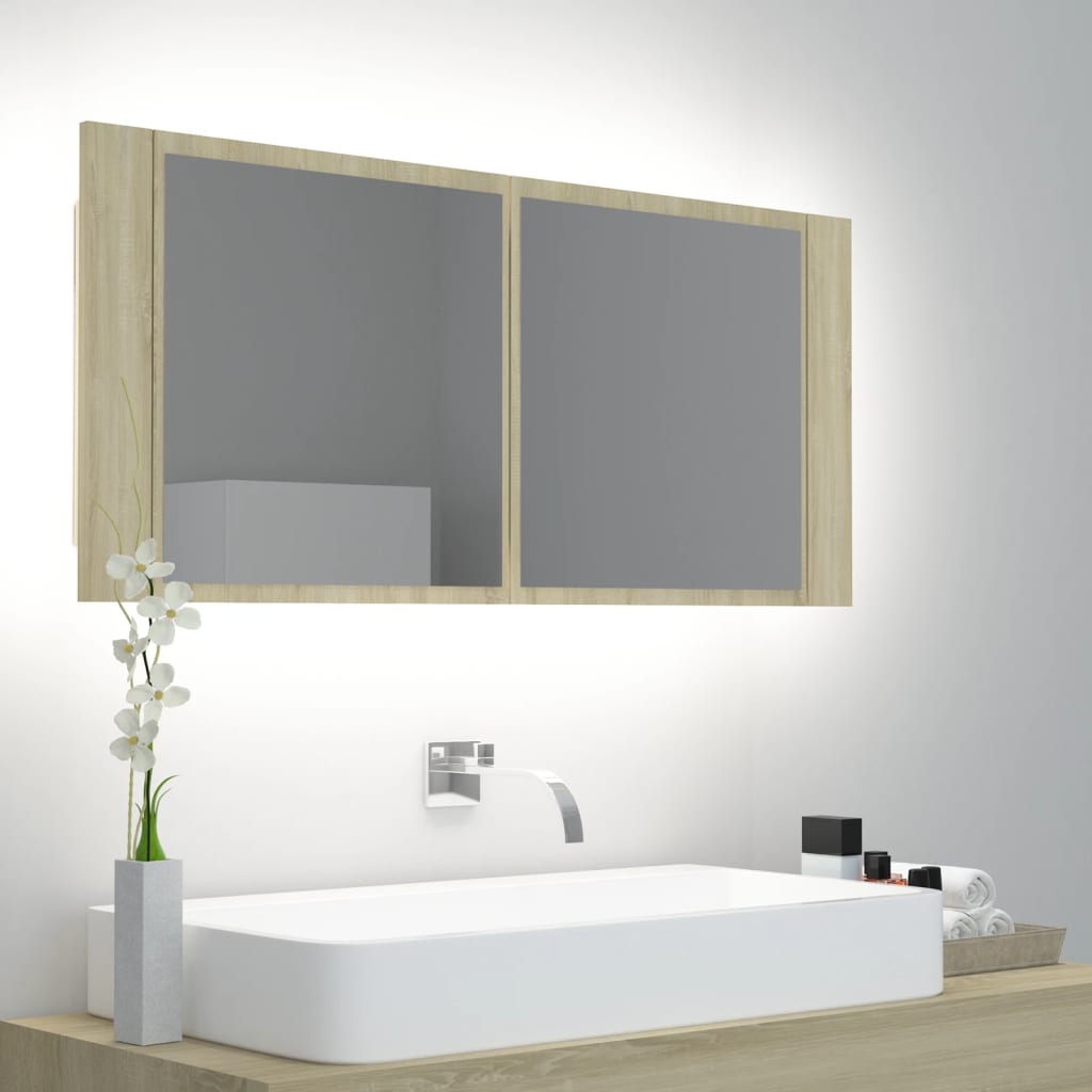 vidaXL Badkamerkast met spiegel LED acryl sonoma eikenkleurig - Aashly