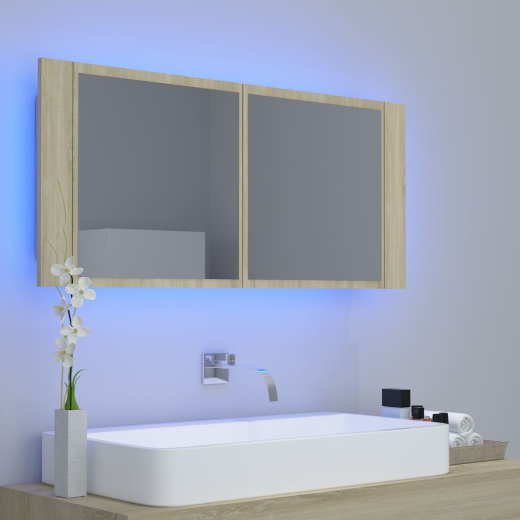 vidaXL Badkamerkast met spiegel LED acryl sonoma eikenkleurig - Aashly