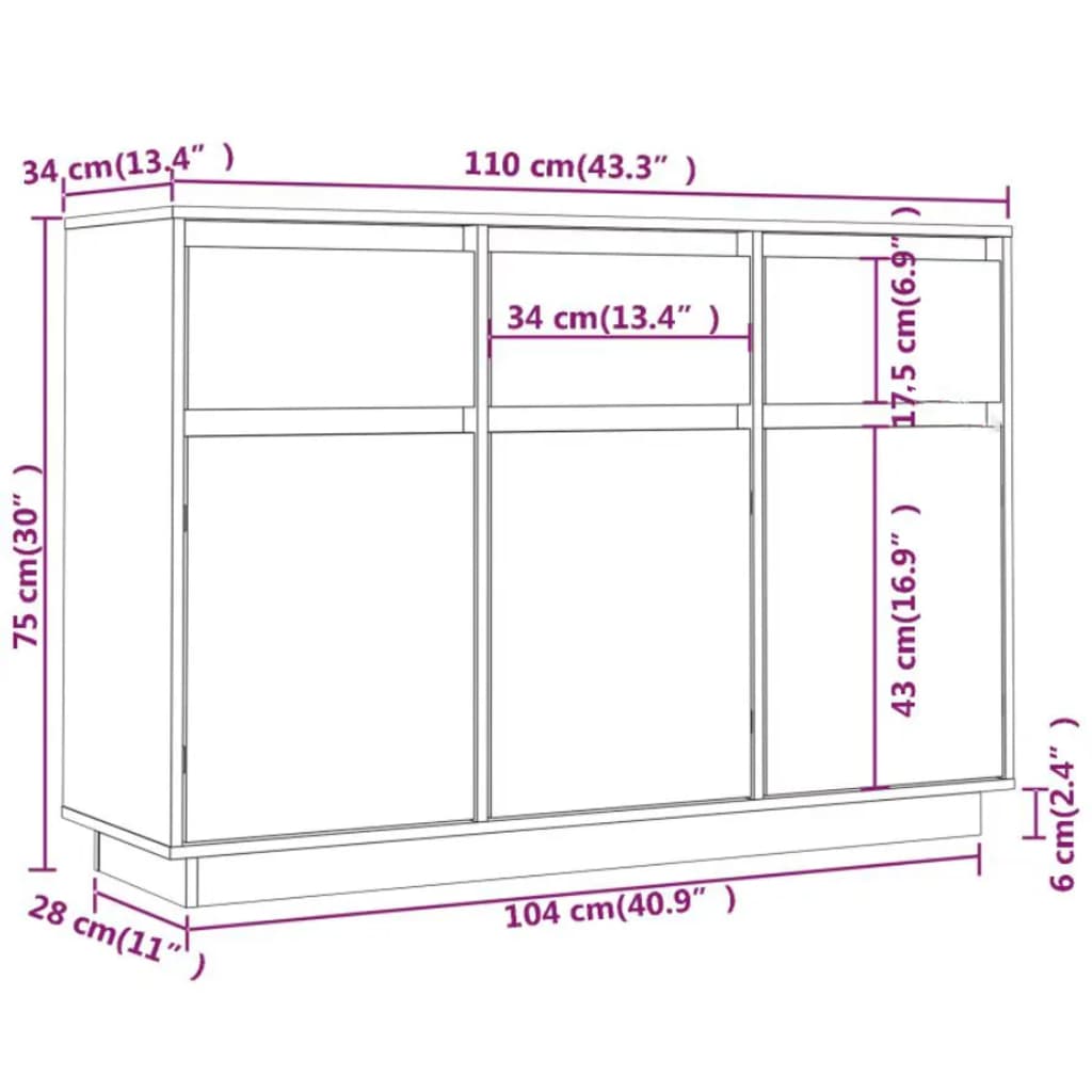 vidaXL Dressoir 110x34x75 cm massief grenenhout - Aashly
