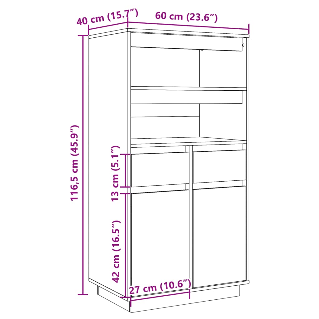 vidaXL Hoge kast 60x40x116,5 cm massief grenenhout grijs - Aashly