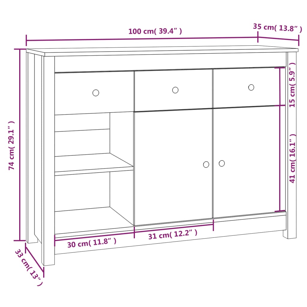 vidaXL Dressoir 100x35x74 cm massief grenenhout wit - Aashly