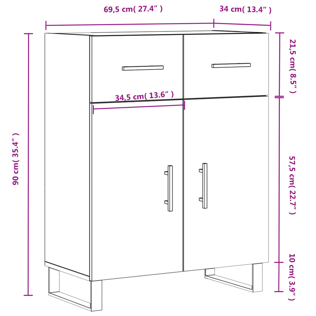 vidaXL Dressoir 69,5x34x90 cm bewerkt hout wit - Aashly