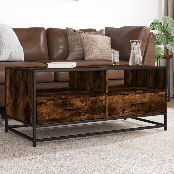 vidaXL Salontafel 100x50x45 cm bewerkt hout en metaal gerookt eiken - Aashly