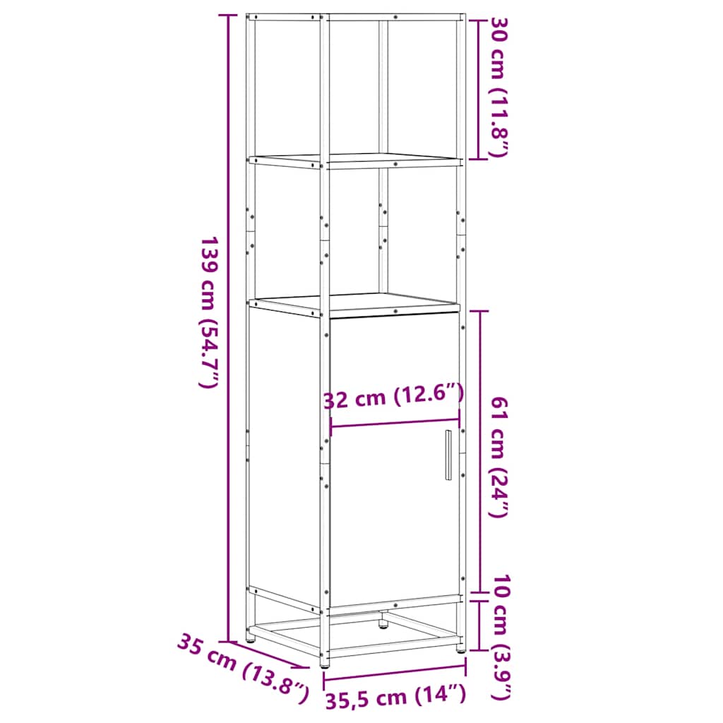 vidaXL Hoge kast 35,5x35x139 cm bewerkt hout en metaal gerookt eiken - Aashly