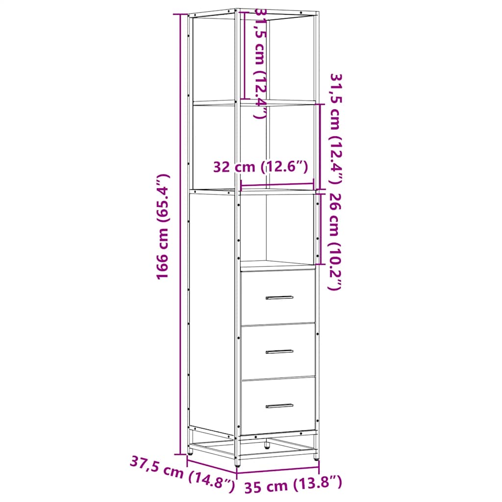 vidaXL Badkamerkast 35x37,5x166cm bewerkt hout grijs sonoma eikenkleur - Aashly