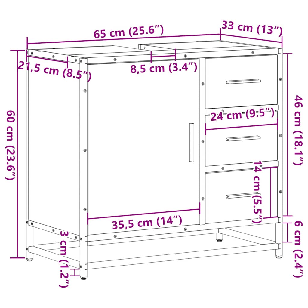 vidaXL Wastafelkast 65x33x60 cm bewerkt hout gerookt eikenkleurig