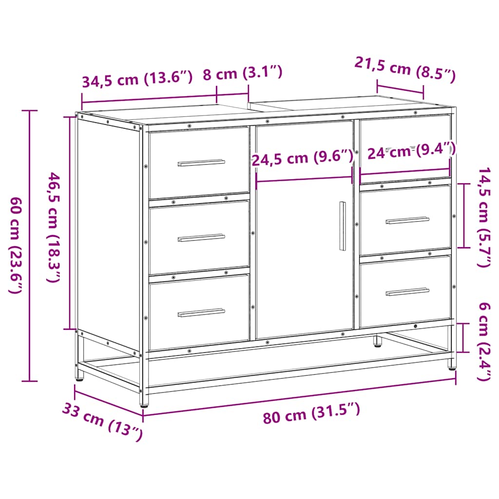 vidaXL Wastafelkast 80x33x60 cm bewerkt hout gerookt eikenkleurig