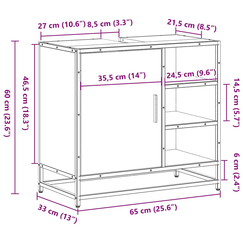 vidaXL Wastafelkast 65x33x60 cm bewerkt hout sonoma eikenkleurig - Aashly