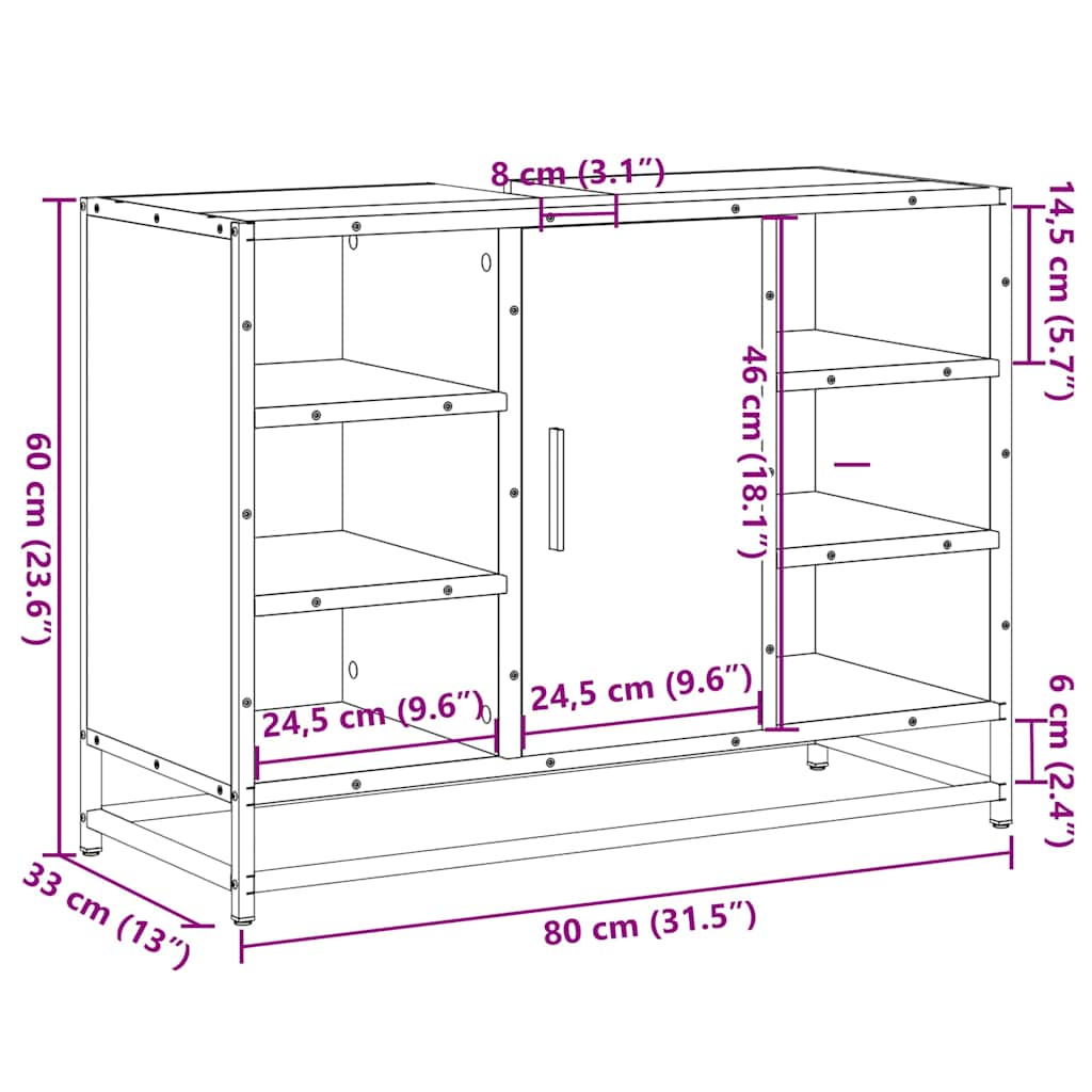 vidaXL Wastafelkast 80x33x60 cm bewerkt hout bruin eikenkleurig - Aashly