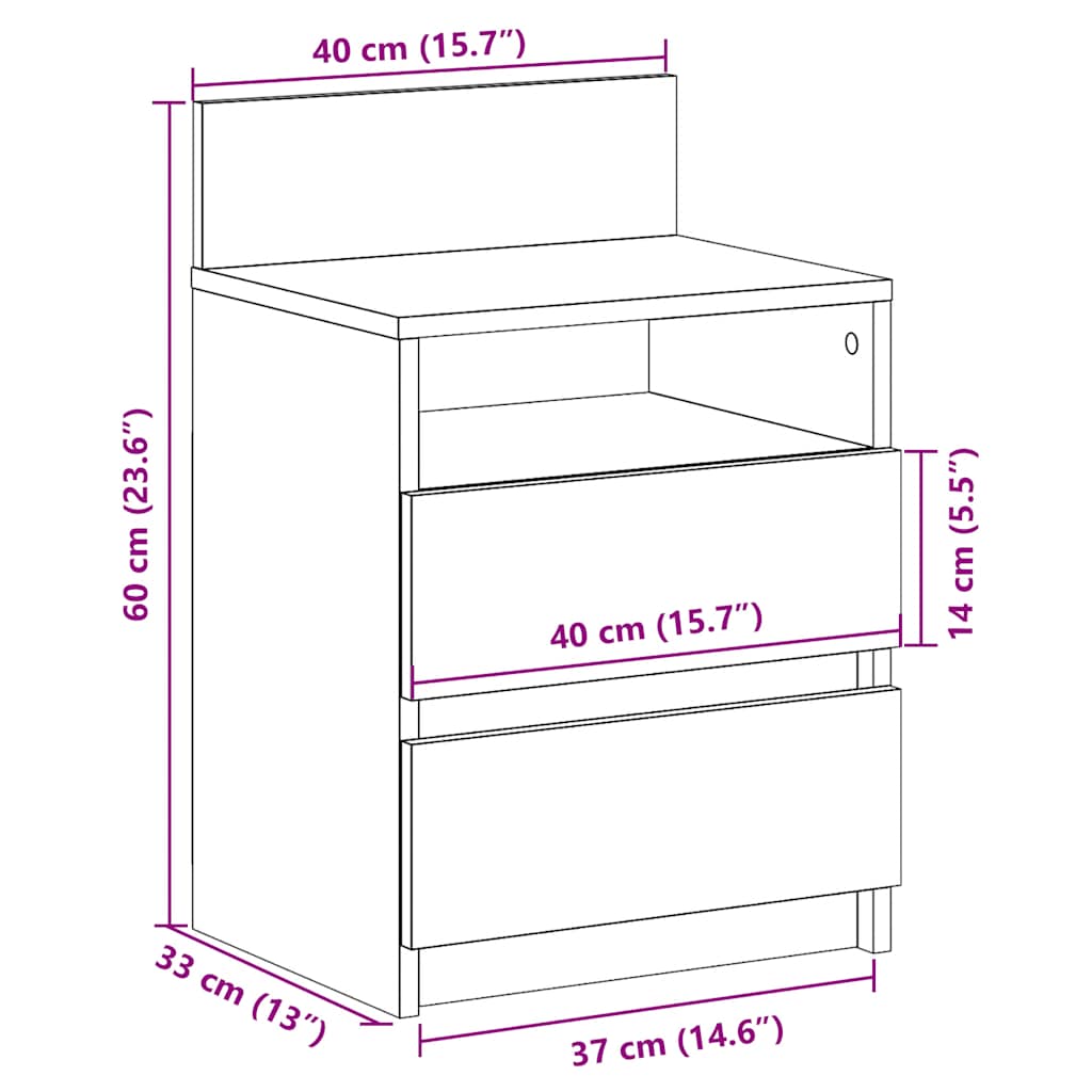 vidaXL Nachtkastje met 2 lades 40x33x60 cm grijs sonoma eikenkleurig - Aashly