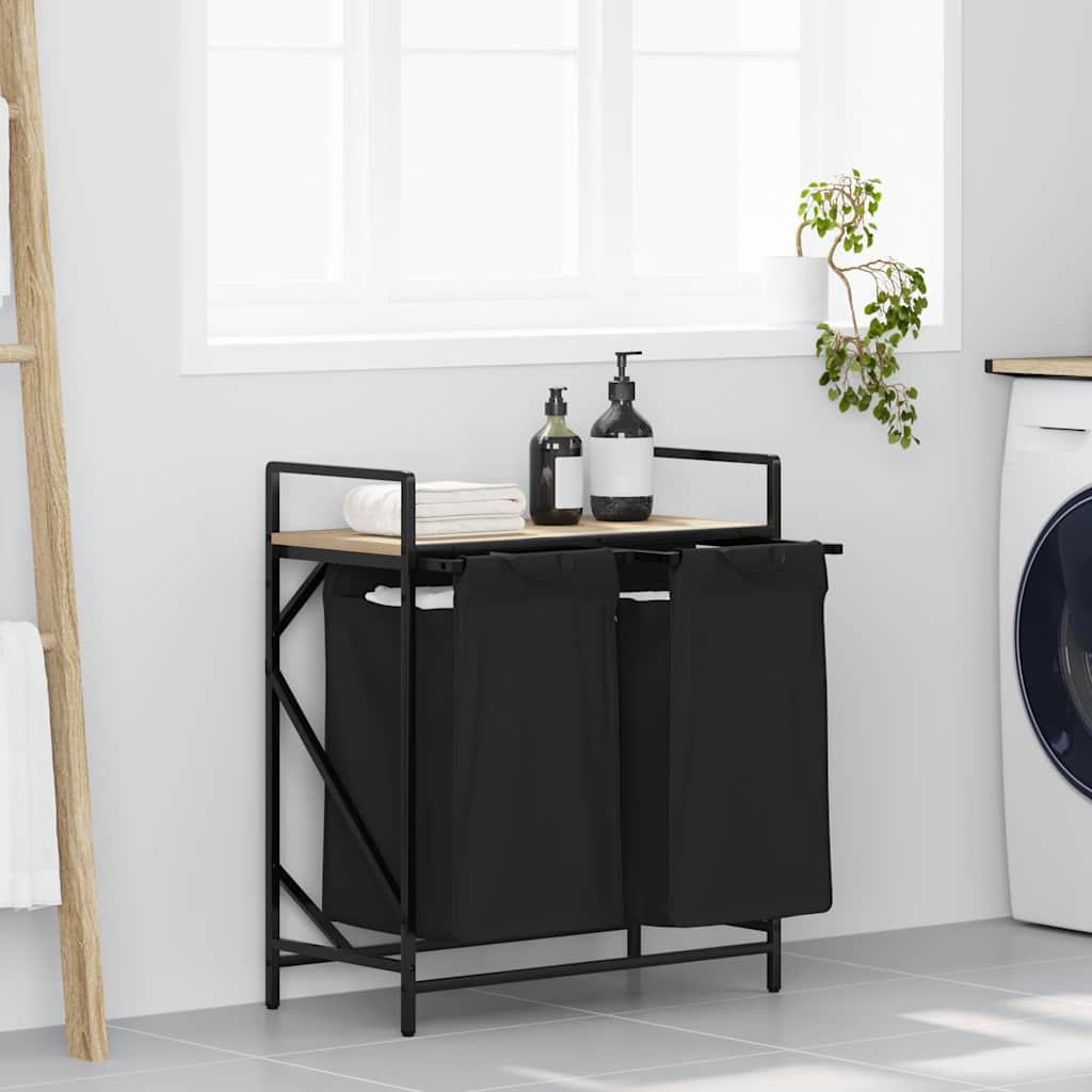 vidaXL Wasmand 2 vakken met plank zwart eikenkleurig - Aashly