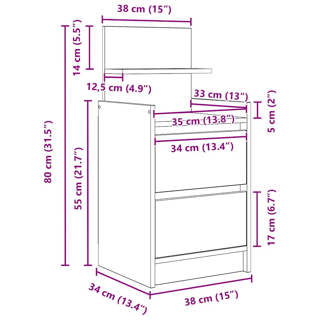 vidaXL Nachtkastjes met 2 lades 2 st 38x34x80 cm zwart - Aashly