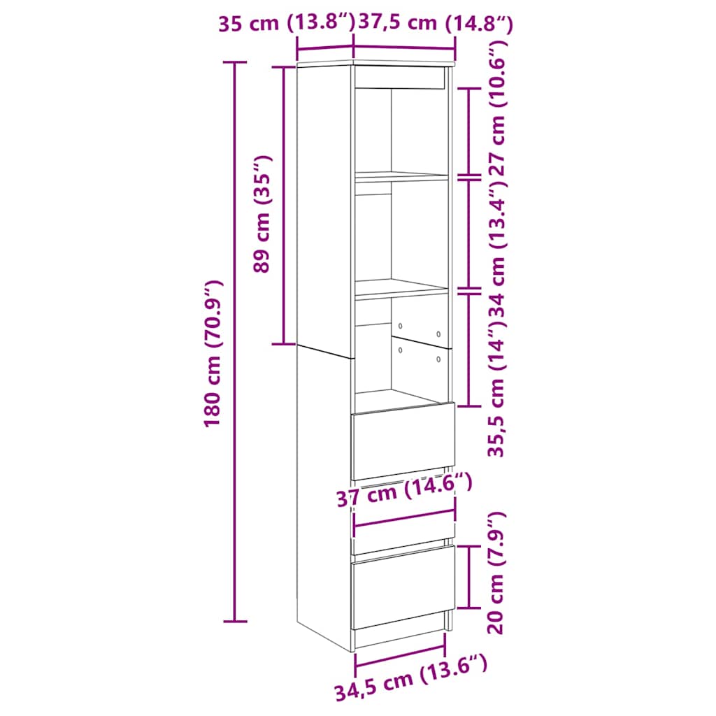 vidaXL Hoge kast 37,5x35x180 cm bewerkt hout oud houtkleurig - Aashly