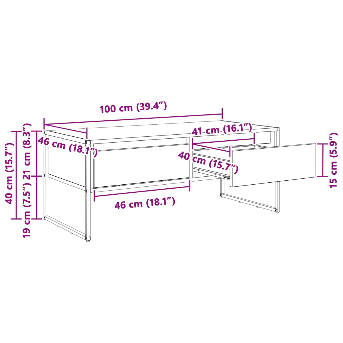 vidaXL Salontafel met lade Zwart Eiken 100 x 46 x 40 cm Bewerkt hout