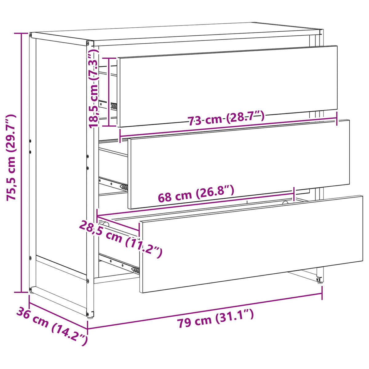 vidaXL Dressoir met lade Zwart Eiken 79 x 36 x 75.5 cm Bewerkt hout