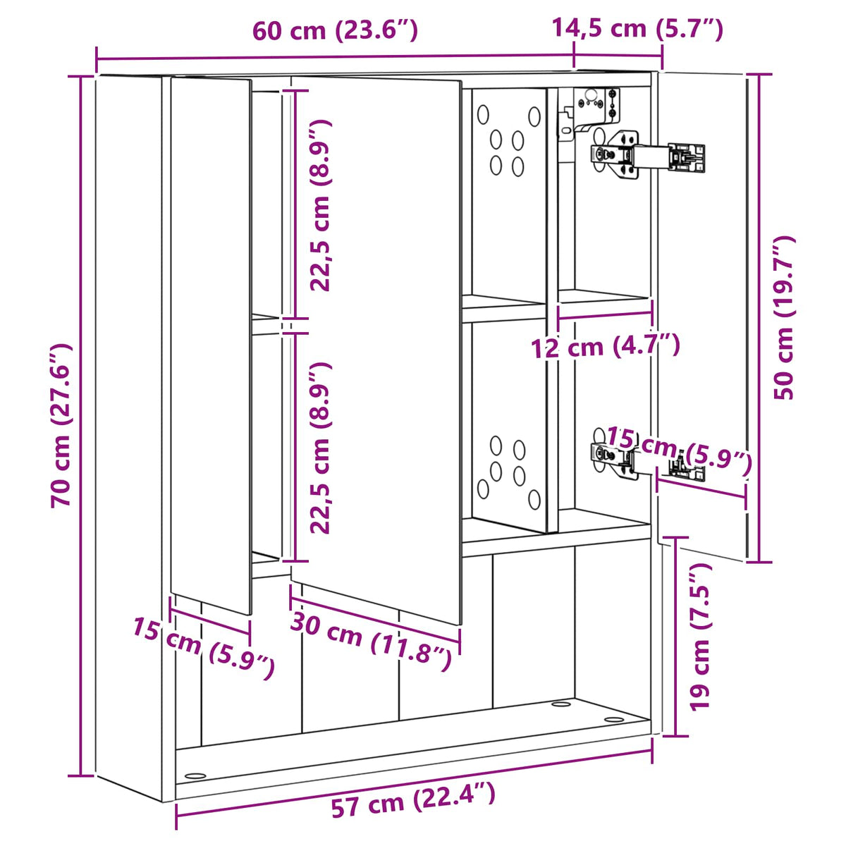 vidaXL Badkamer spiegelkast Wit 60 x 14.5 x 70 cm Bewerkt hout