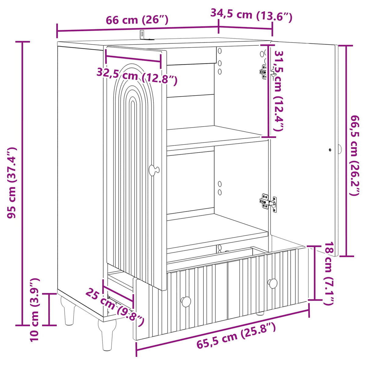 vidaXL Dressoir met lade Zwart 66 x 34,5 x 95 cm Bewerkt hout
