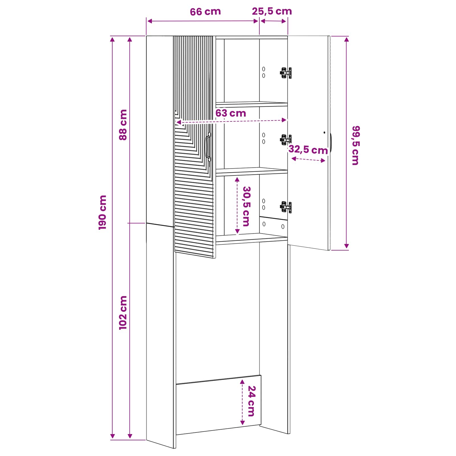 vidaXL Toiletkast HAARLEM Wit 66 x 25,5 x 190 cm Bewerkt hout