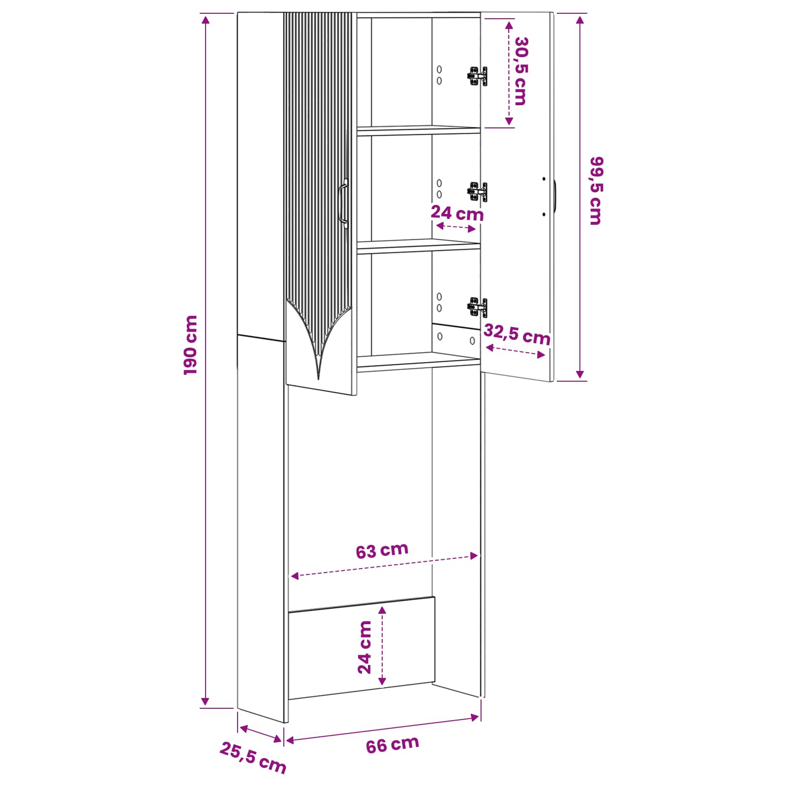 vidaXL Toiletkast HOORN Wit 66 x 25,5 x 190 cm Bewerkt hout