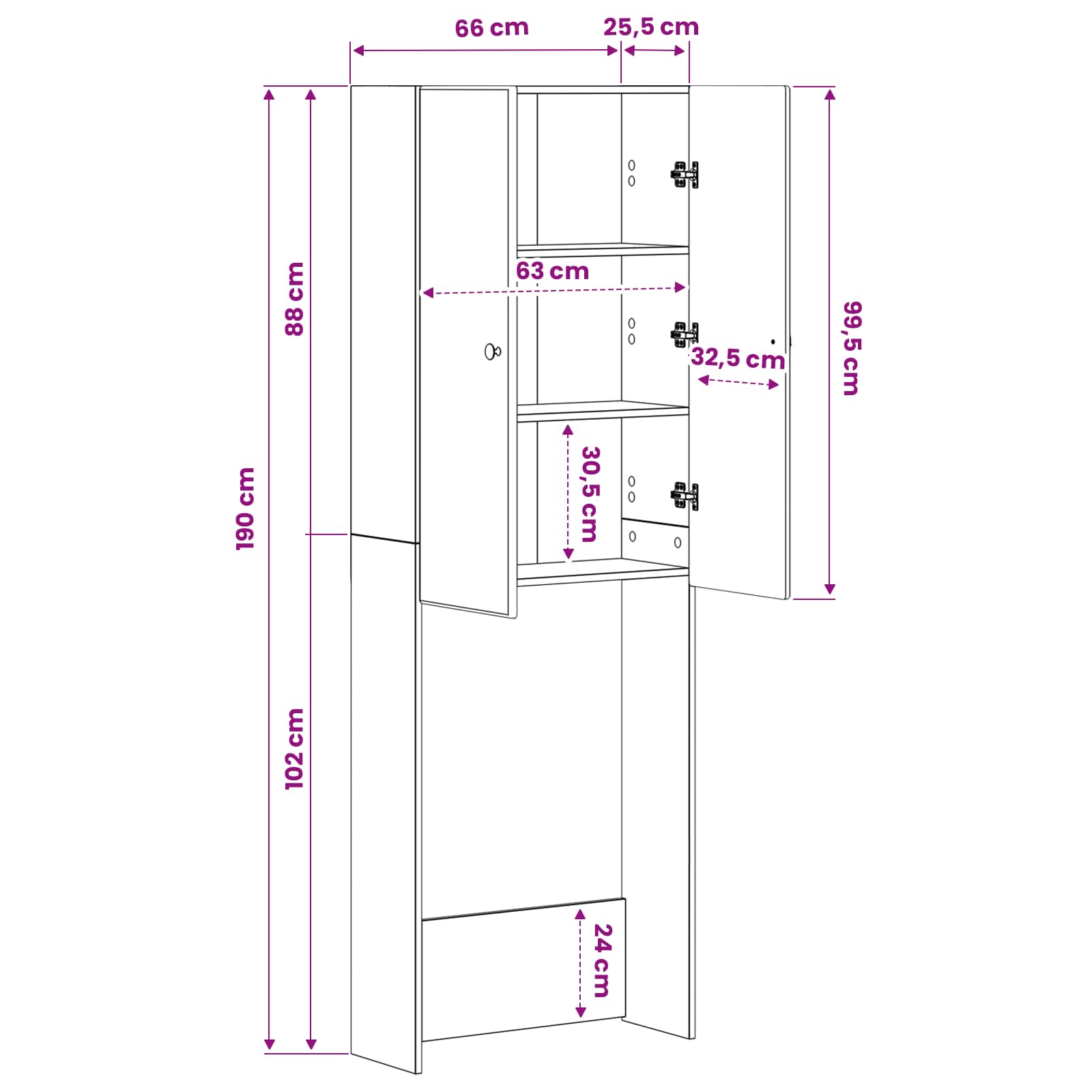 vidaXL Toiletkast BREDA Wit 66 x 25,5 x 190 cm Bewerkt hout