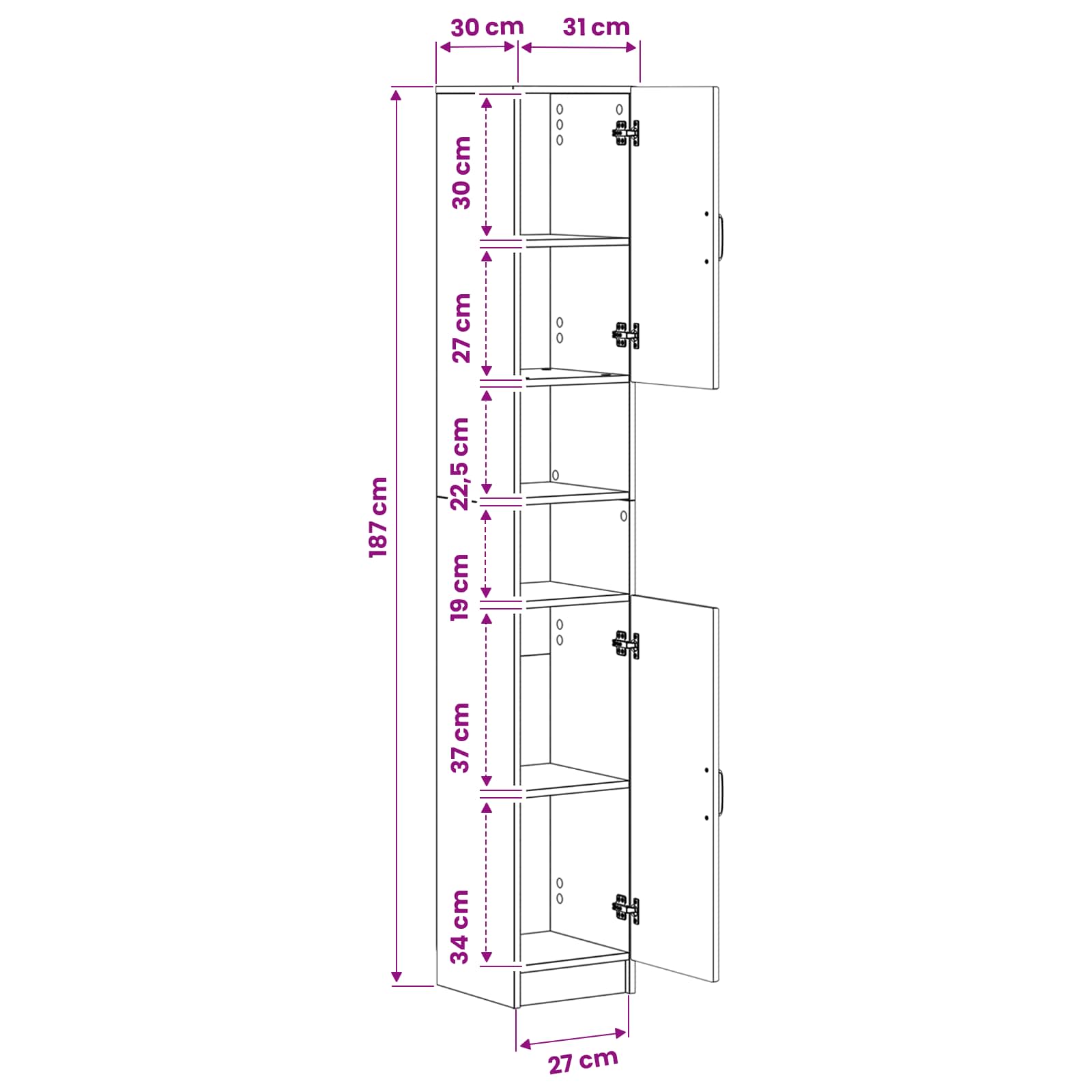 vidaXL Badkamerkast met Open Plank UTRECHT Wit 30 x 31 x 187 cm