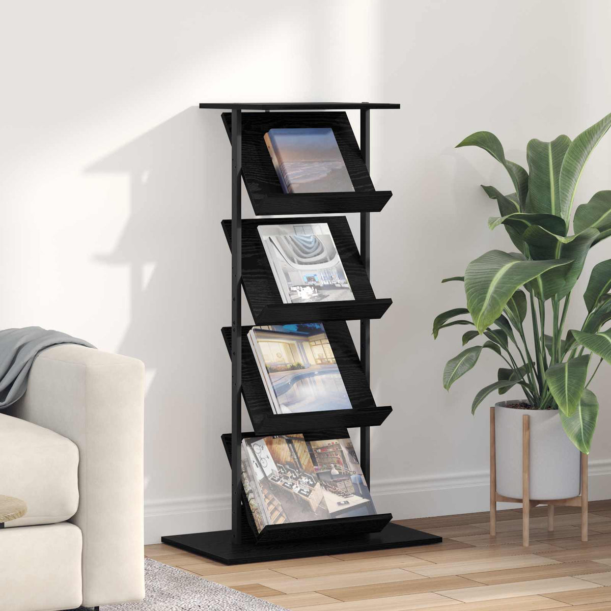 vidaXL Tijdschrift Rek Zwart Eiken 68 x 40 x 123.5 cm Bewerkt hout