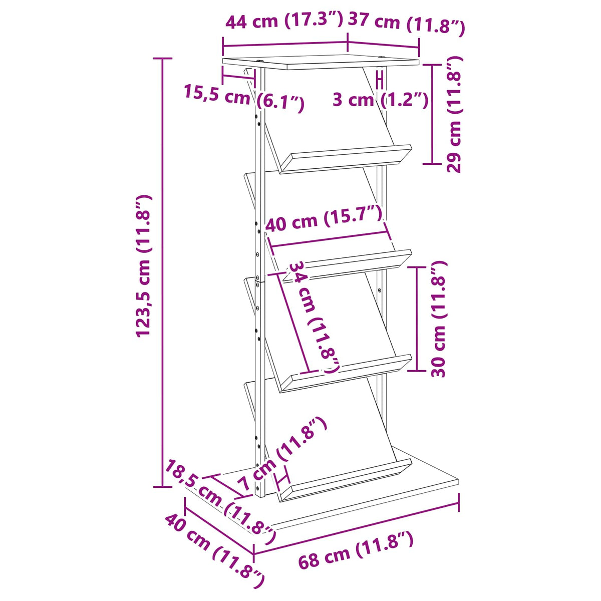 vidaXL Tijdschrift Rek Zwart Eiken 68 x 40 x 123.5 cm Bewerkt hout