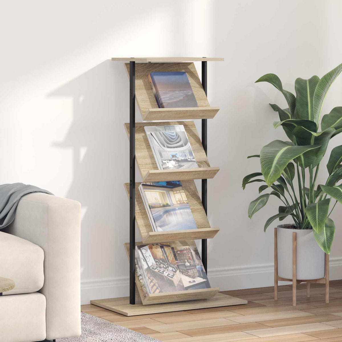 vidaXL Tijdschrift Rek Zwart Eiken 68 x 40 x 123.5 cm Bewerkt hout