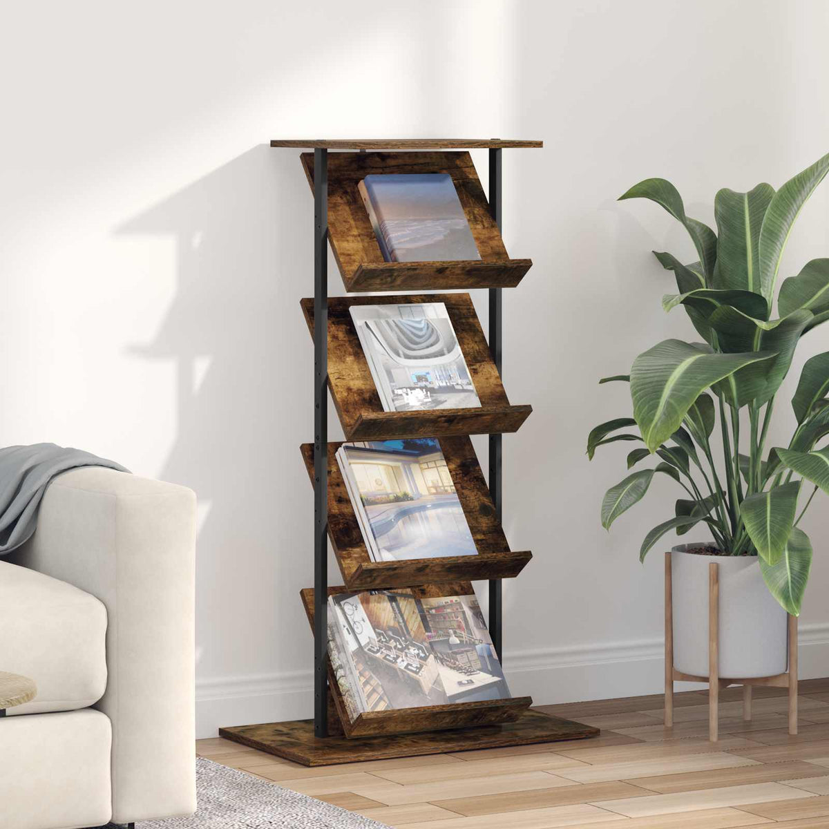 vidaXL Tijdschrift Rek Zwart Eiken 68 x 40 x 123.5 cm Bewerkt hout