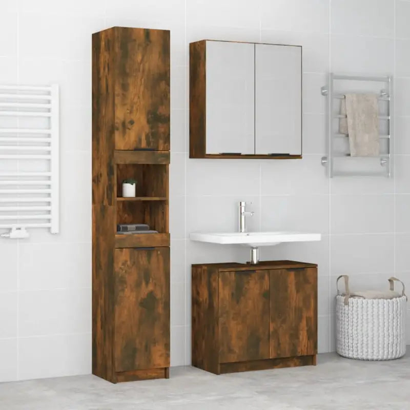 Badekamermeubelset met bewerkt hout en perfecte afmetingen bodemkast - Gerookt eiken - Badkamermeubelsets