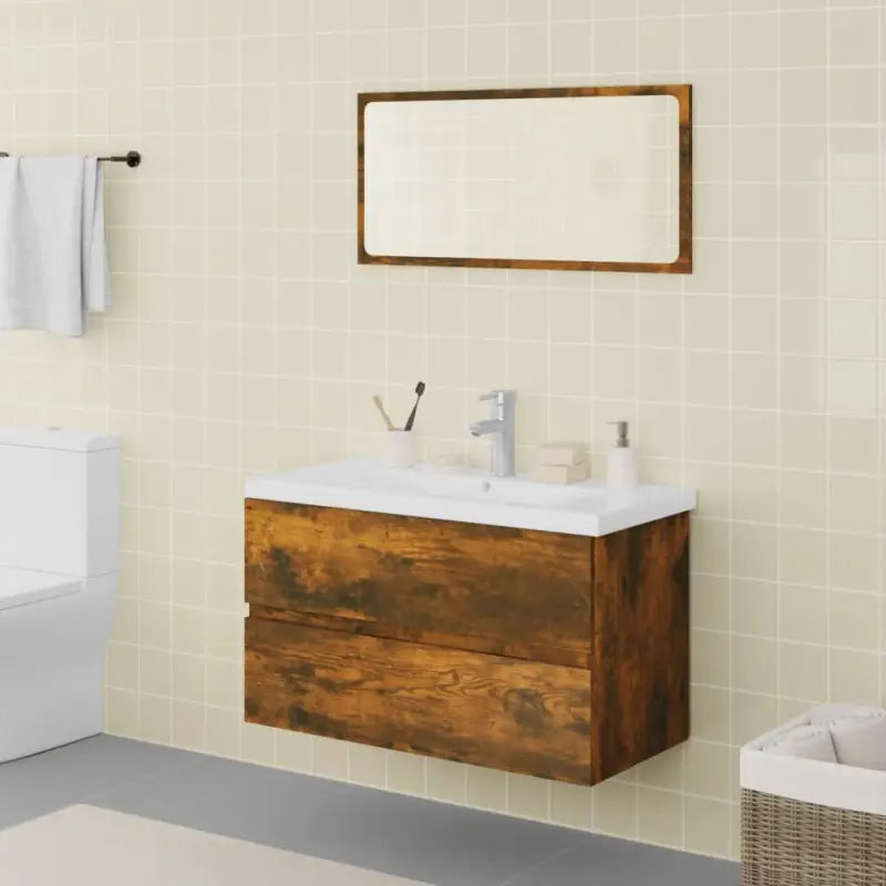 Badekamermeubelset met bewerkt hout en perfecte pasvorm - Gerookt eiken / 80 x 39.5 x 45 cm / met kraan