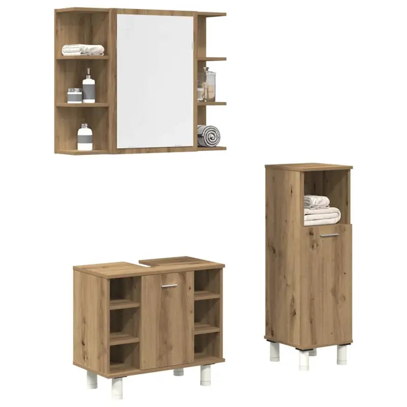 Badekamermeubelset met bewerkt hout en praktische staande kast - artisanaal eikenkleurig - Badkamermeubelsets