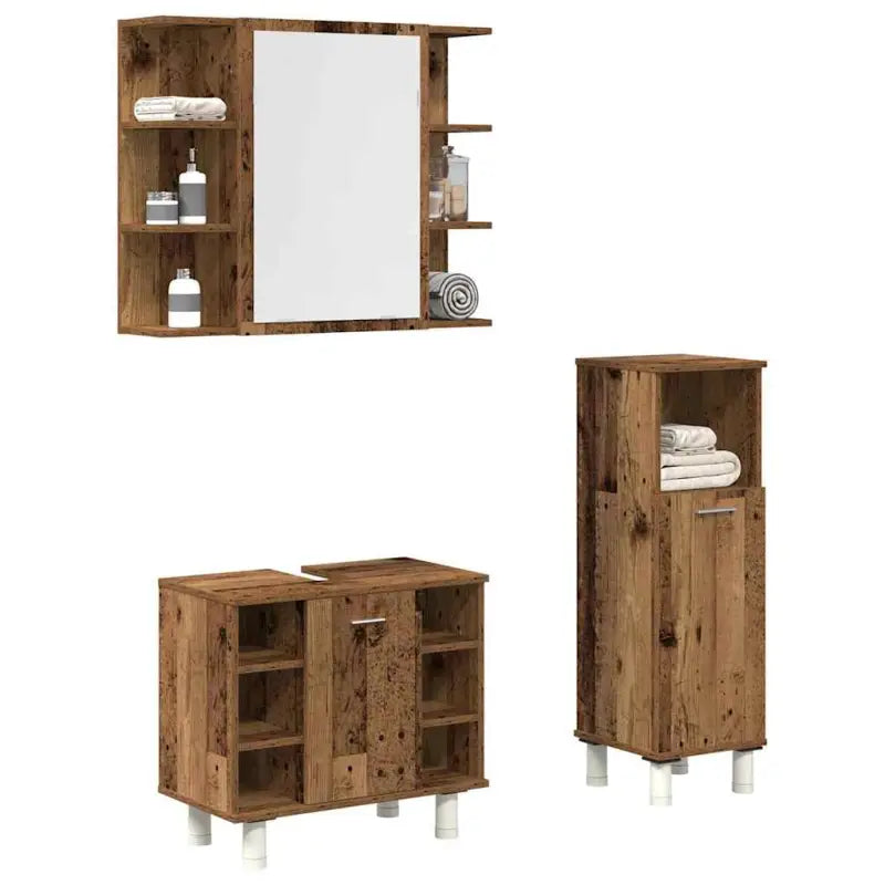 Badekamermeubelset met bewerkt hout en praktische staande kast - Oud hout - Badkamermeubelsets