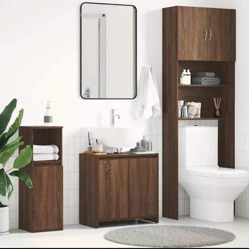 Badekamermeubelset met hoogglans wit en bewerkt hout voor extra opbergruimte - bruin eikenkleur - Badkamermeubelsets