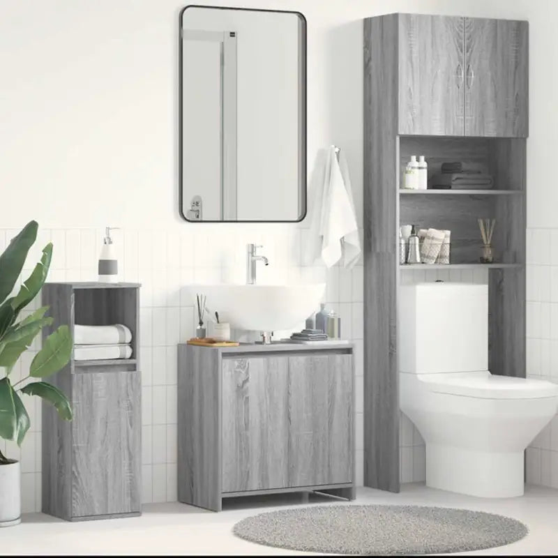 Badekamermeubelset met hoogglans wit en bewerkt hout voor extra opbergruimte - Grijs sonoma - Badkamermeubelsets