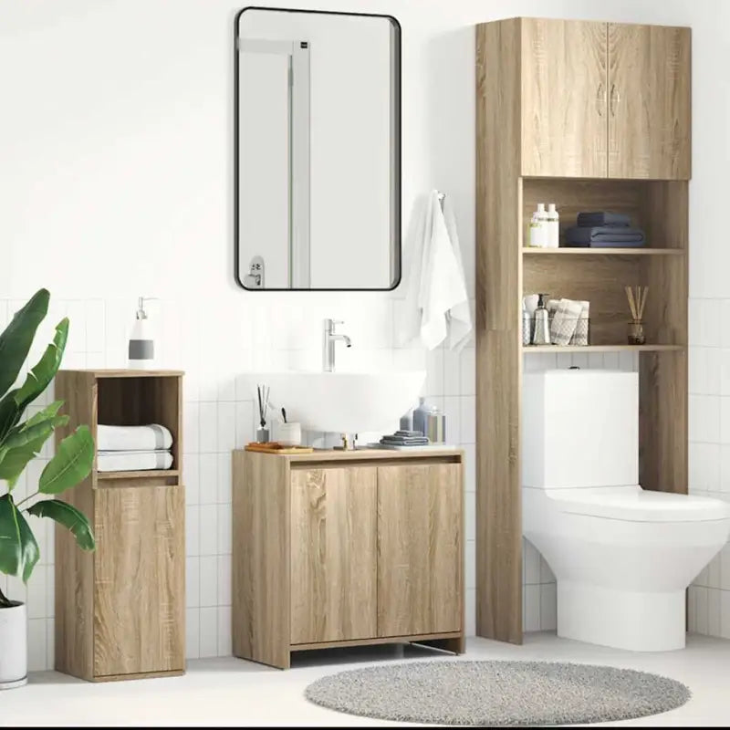 Badekamermeubelset met hoogglans wit en bewerkt hout voor extra opbergruimte - Sonoma eiken - Badkamermeubelsets