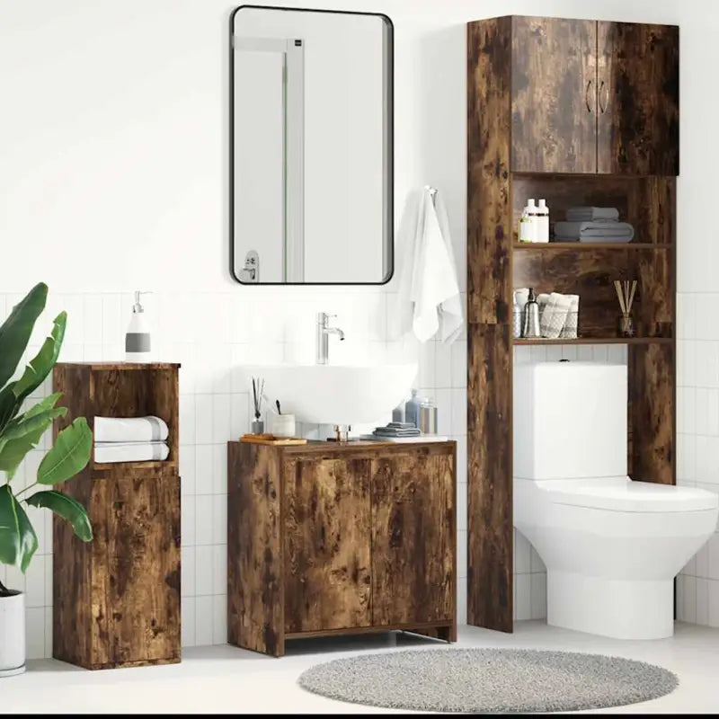 Badekamermeubelset met hoogglans wit en bewerkt hout voor extra opbergruimte - Gerookt eiken - Badkamermeubelsets
