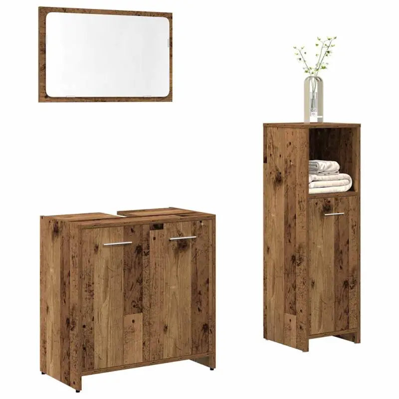 Badhkamermeubelset met lage kast van bewerkt hout voor opbergruimte - Oud hout - Badkamermeubelsets