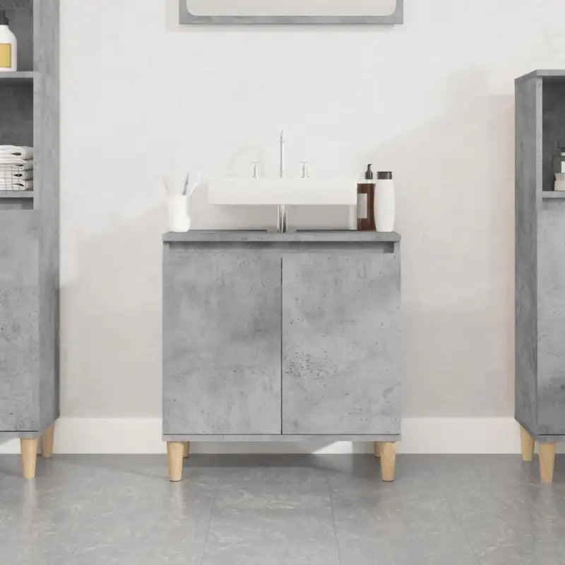 Badkamerkaptafel met bewerkt hout en houten poten voor een opgeruimde badkamer - Betongrijs / 1 - Badkamerkaptafels