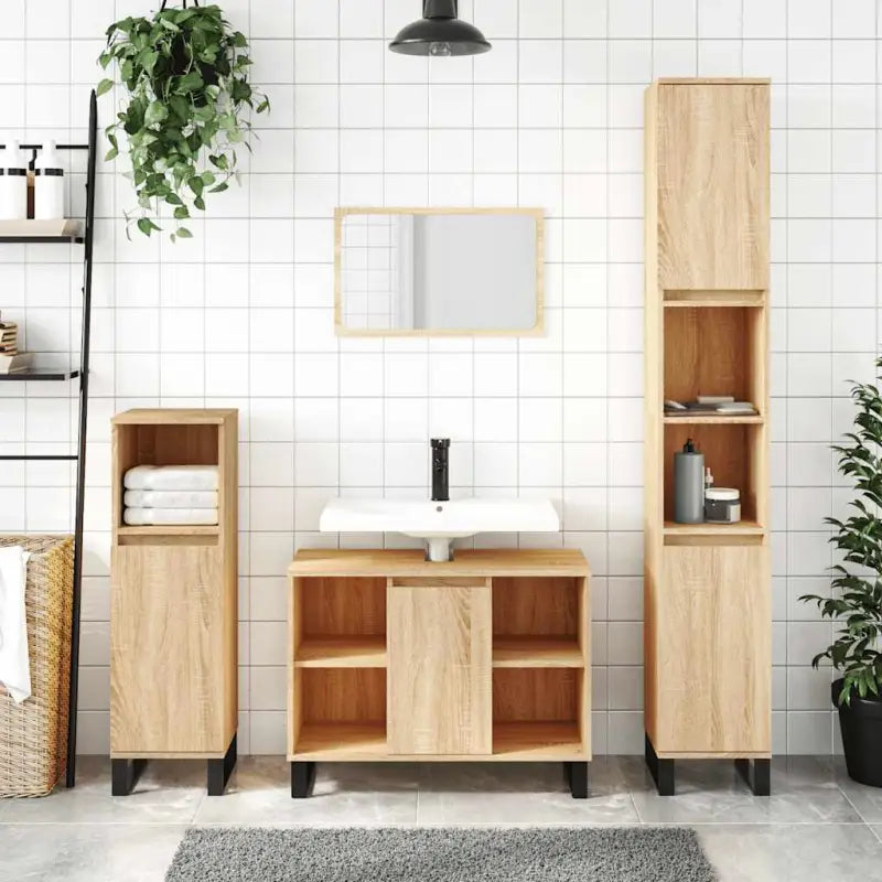 Badkamerkaptafel met ijzeren poten en bewerkt hout voor opbergruimte - Sonoma eiken / 1 - Badkamerkaptafels