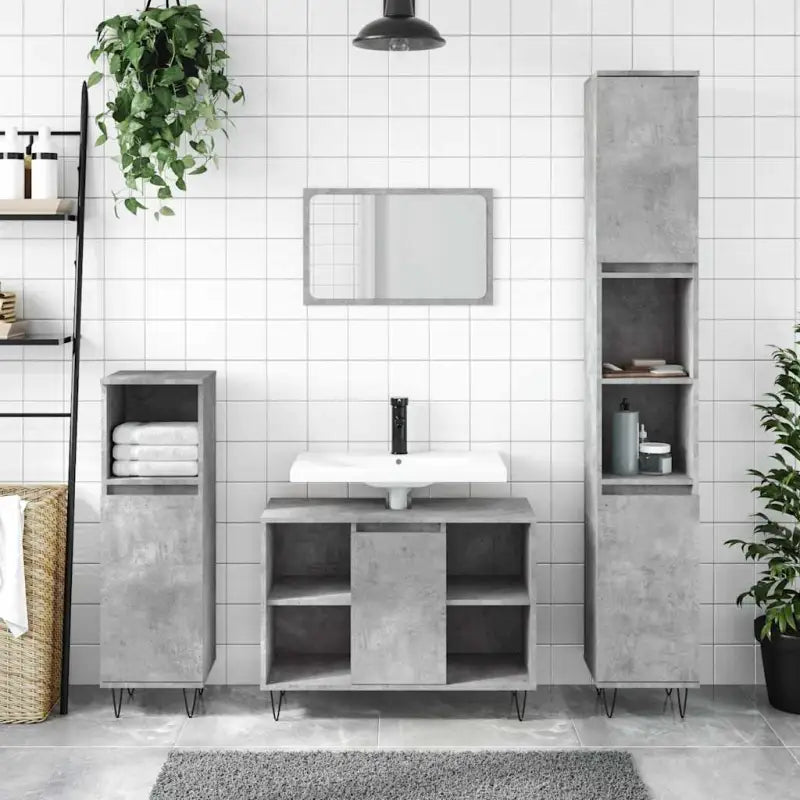 Badkamerkaptafel met ijzeren poten en bewerkt hout voor opbergruimte - Betongrijs / 1 - Badkamerkaptafels