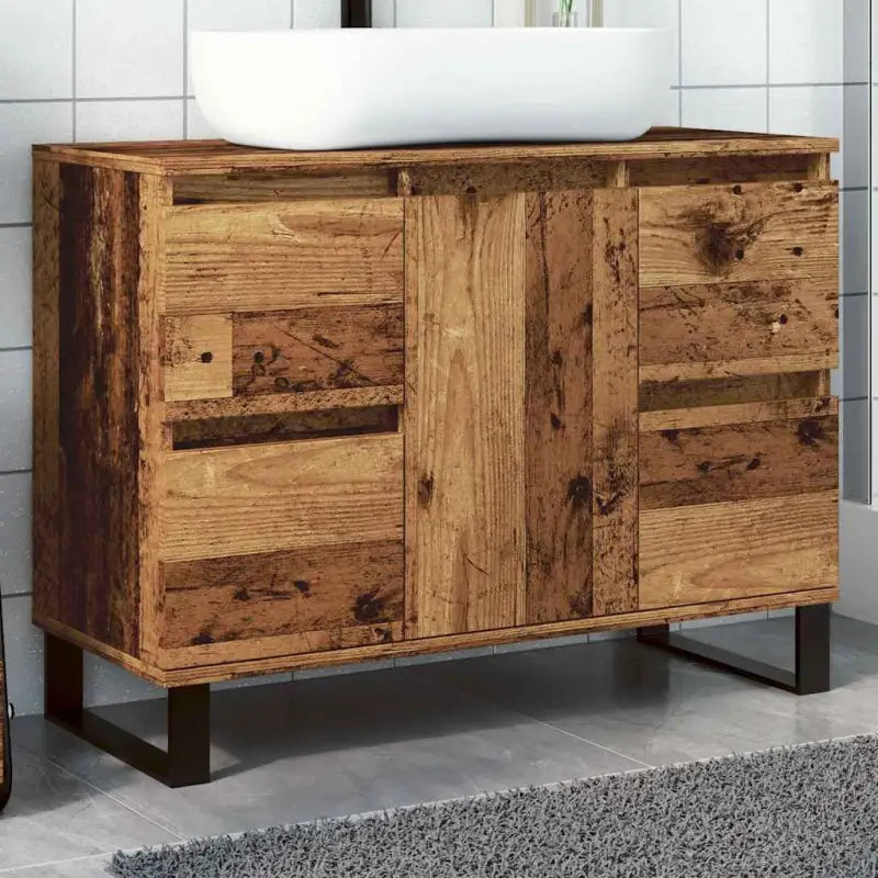Badkamerkaptafel met ijzeren poten van bewerkt hout voor opbergruimte - Oud hout / 1 - Badkamerkaptafels