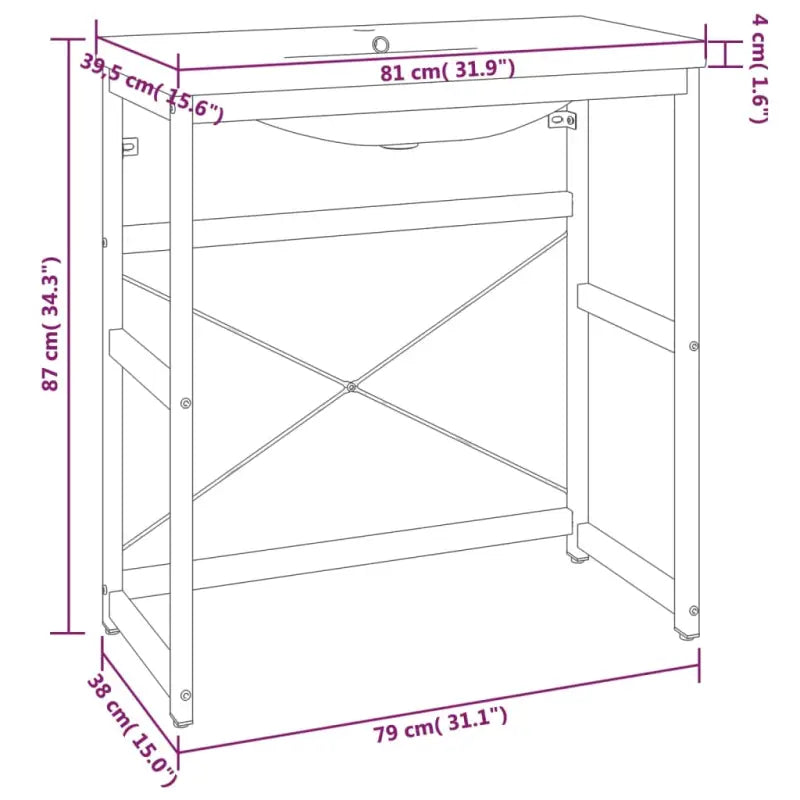 Badkamerkaptafel met inbouwwastafel van gepoedercoat ijzer en totale afmetingen - Badkamerkaptafels