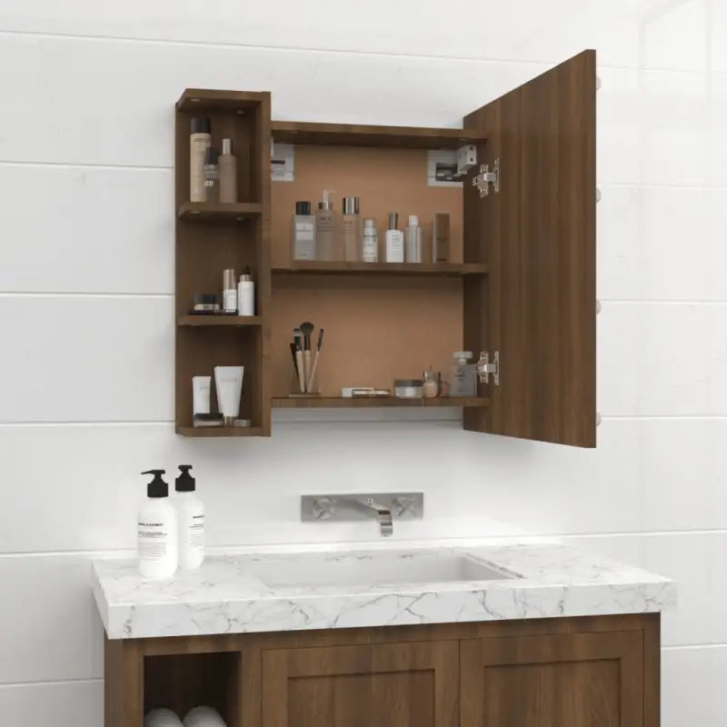 Badkamerkaptafel met LED en bewerkt hout voor een nette make-up opbergplek - Badkamerkaptafels