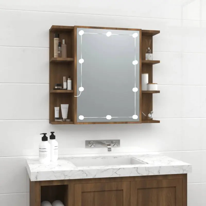 Badkamerkaptafel met LED en bewerkt hout voor een nette make-up opbergplek - bruin eikenkleur / 1 - Badkamerkaptafels